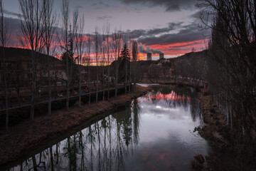 Wall Mural - Sunset landscape in Trillo with the nuclear power plant in the background, Trillo (Guadalajara), Spain.