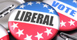 © GoodIdeas - Liberal and elections in the USA, pictured as pin-back buttons with American flag colors, words Liberal and vote, to symbolize that t can be a part of election or can influence voting, 3d illustration