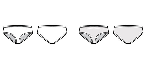 Narrow front Brief underwear technical fashion illustration with elastic waistband, Athletic-style skin-tight. Flat trunks lingerie template front, back white grey color. Women men Jockeys CAD mockup 