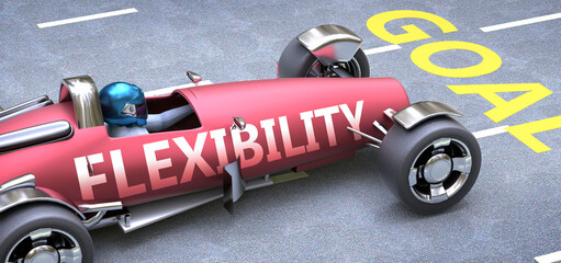 Wall Mural - Flexibility helps reaching goals, pictured as a race car with a phrase Flexibility on a track as a metaphor of Flexibility playing vital role in achieving success, 3d illustration