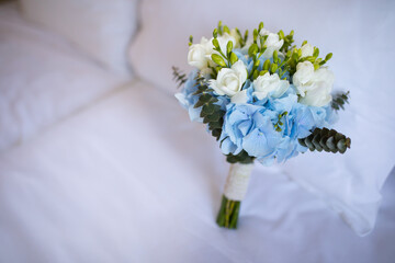 Wall Mural - beautiful wedding bouquet of blue and white hydrangeas