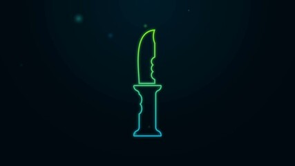 Poster - Glowing neon line Military knife icon isolated on black background. 4K Video motion graphic animation