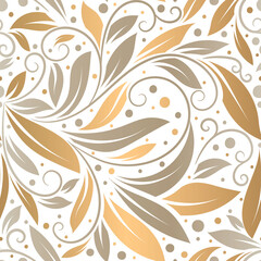 Beige and gold leaves seamless pattern. Vintage vector ornament template. Paisley elements. Great for fabric, invitation, background, wallpaper, decoration, packaging or any desired idea.