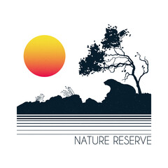 Sticker - Bear lying under tree. Retro illustration with wild animal black silhouette on rocky ground. Wild nature. Orange sun on white background. Vector design for prints, t-shirts, posters, decor
