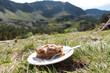 Szarlotka - type of apple pie - eaten in front of tartra mountains landscape, mountain tourist rest and eating, Szarlotka jedzona w Tatrach, Tatry