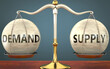demand and supply staying in balance - pictured as a metal scale with weights and labels demand and supply to symbolize balance and symmetry of those concepts, 3d illustration