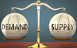 © GoodIdeas - demand and supply staying in balance - pictured as a metal scale with weights and labels demand and supply to symbolize balance and symmetry of those concepts, 3d illustration