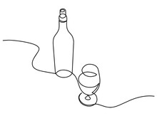 Wine Continuous Line Vector Illustration. One Continuous Drawn Line Of The Bottle And A Glass Drawn From The Hand A Picture Of The Silhouette. Line Art. A Bottle Of Champagne Wine A Glass