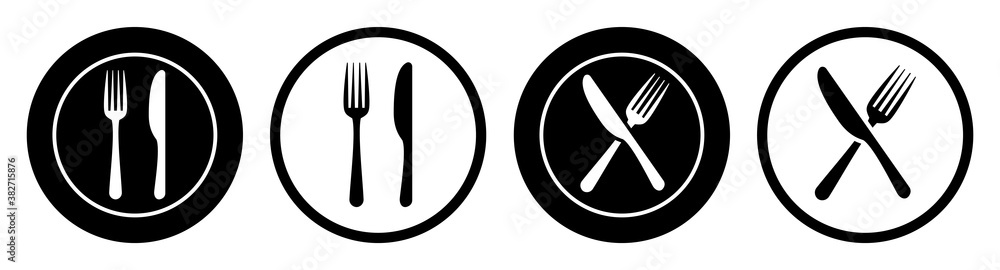 Set plate, fork and knife icons - stock vector - obrazy, fototapety, plakaty 