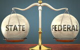 Fototapeta  - state and federal staying in balance - pictured as a metal scale with weights and labels state and federal to symbolize balance and symmetry of those concepts, 3d illustration