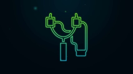 Sticker - Glowing neon line Slingshot icon isolated on black background. 4K Video motion graphic animation