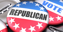 Republican And Elections In The USA, Pictured As Pin-back Buttons With American Flag, To Symbolize That Republican Can Be An Important  Part Of Election, 3d Illustration
