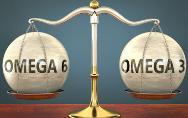 Wall Mural - omega 6 and omega 3 staying in balance - pictured as a metal scale with weights and labels omega 6 a