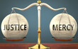 justice and mercy staying in balance - pictured as a metal scale with weights and labels justice and mercy to symbolize balance and symmetry of those concepts, 3d illustration