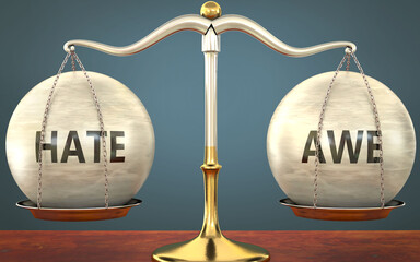 Wall Mural - metaphor of hate and awe staying in balance - showed as a metal scale with weights and labels hate a