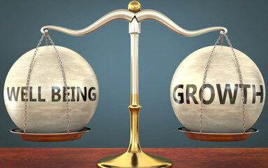 Wall Mural - well being and growth staying in balance - pictured as a metal scale with weights and labels well be