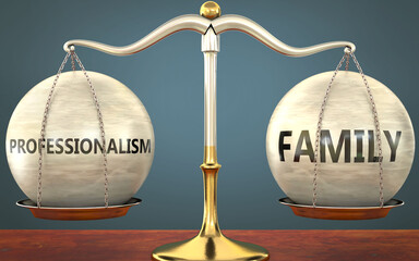 Wall Mural - professionalism and family staying in balance - pictured as a metal scale with weights and labels pr