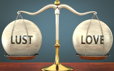 Wall Mural - metaphor of lust and love staying in balance - showed as a metal scale with weights and labels lust 