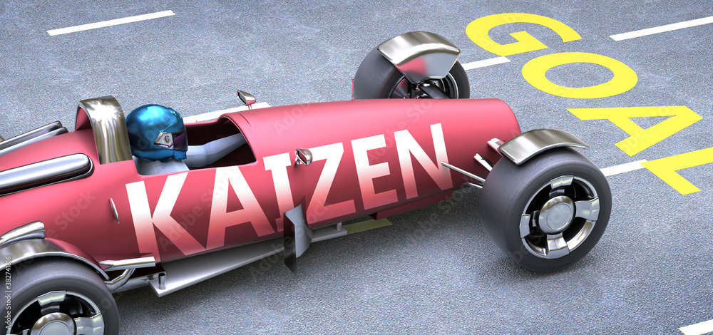 Kaizen helps reaching goals, pictured as a race car with a phrase Kaizen as a metaphor of Kaizen playing important role in getting value and achieving success in life and business, 3d illustration - obrazy, fototapety, plakaty 