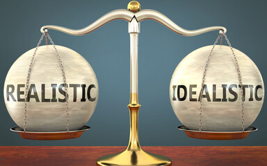 Wall Mural - realistic and idealistic staying in balance - pictured as a metal scale with weights and labels real