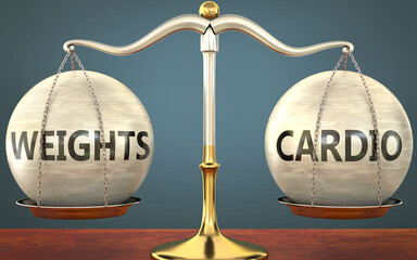 Wall Mural - weights and cardio staying in balance - pictured as a metal scale with weights and labels weights an