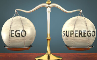 Wall Mural - ego and superego staying in balance - pictured as a metal scale with weights and labels ego and supe