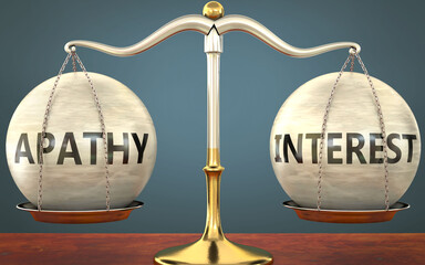 Wall Mural - apathy and interest staying in balance - pictured as a metal scale with weights and labels apathy an