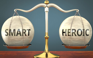 Wall Mural - smart and heroic staying in balance - pictured as a metal scale with weights and labels smart and he