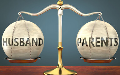Wall Mural - husband and parents staying in balance - pictured as a metal scale with weights and labels husband a