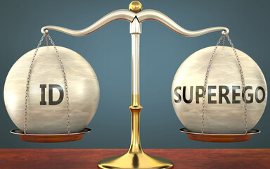 Wall Mural - id and superego staying in balance - pictured as a metal scale with weights and labels id and supere