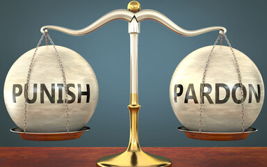 Wall Mural - punish and pardon staying in balance - pictured as a metal scale with weights and labels punish and 