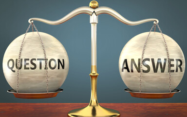 Wall Mural - question and answer staying in balance - pictured as a metal scale with weights and labels question 