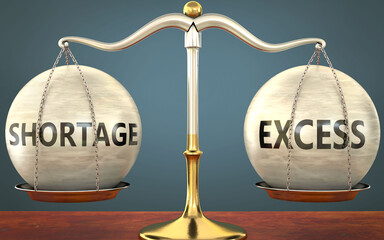 Wall Mural - shortage and excess staying in balance - pictured as a metal scale with weights and labels shortage 