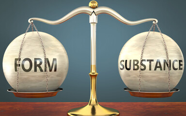 Wall Mural - form and substance staying in balance - pictured as a metal scale with weights and labels form and s