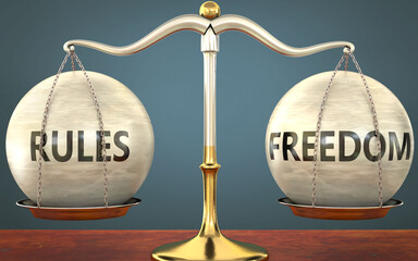 Wall Mural - rules and freedom staying in balance - pictured as a metal scale with weights and labels rules and f