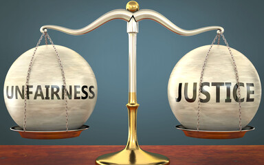 Wall Mural - unfairness and justice staying in balance - pictured as a metal scale with weights and labels unfairness and justice to symbolize balance and symmetry of those concepts, 3d illustration