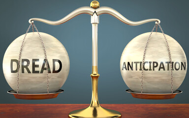 Wall Mural - dread and anticipation staying in balance - pictured as a metal scale with weights and labels dread 