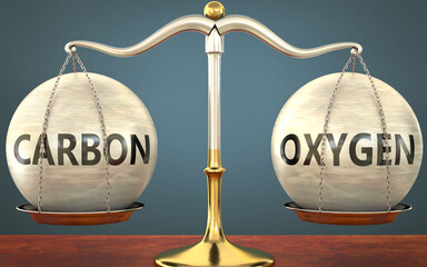 Wall Mural - carbon and oxygen staying in balance - pictured as a metal scale with weights and labels carbon and 
