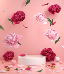 Mockup Empty White Podium With Floral Peonies Flower Pink And Red Falling On The Floor With Pink Pastel Background 3d Render