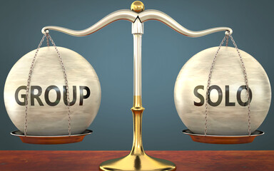 Wall Mural - metaphor of group and solo staying in balance - showed as a metal scale with weights and labels grou