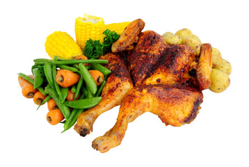 Wall Mural - Roasted spatchcock chicken with piri piri seasoning and mixed vegetables isolated on a white background