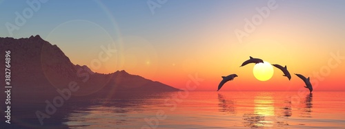 Seascape with dolphins at sunset, playing dolphins in the sea at sunrise, 3d ...