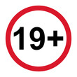 19+ restriction flat sign isolated on white background. Age limit symbol. No under nineteen years warning illustration