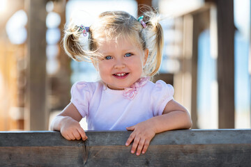 Portrait of a two year old, blonde girl with pipgtails in her hair in warm afternoon sunlight