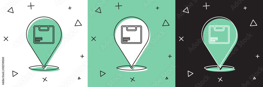 Set Location with cardboard box icon isolated on white and green, black background. Delivery services, logistic and transportation, distribution. Vector Illustration. - obrazy, fototapety, plakaty 