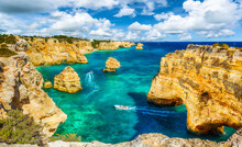 Landscape With Beautiful Praia Da Marinha, One Of The Most Famous Beaches Of Portugal, Located On The Atlantic Coast In Lagoa, Algarve.