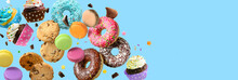 Confectionery And Sweets Collage. Donuts, Cupcakes, Cookies, Macarons Flying Over Blue Background.