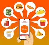 Fototapeta  - Concept for food delivery service. Onboarding screens design in food delivery concept. Modern and simplified vector illustration, Template for mobile apps. Order fast food online. Delivery service.
