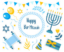 Happy Bar Mitzvah Set. Collection Of Design Elements For Jewish Holiday Birthday With Menorah, Torah, Balloons, Gifts. Vector Illustration, Clip Art