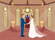 Religious wedding ceremony flat color vector illustration. Priest does matrimony service. Couple marry in church. Bride and groom 2D cartoon characters with christian chapel on background